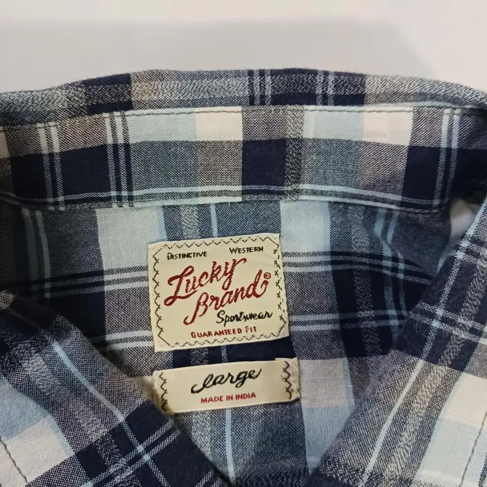 Lucky Brand Sportswear Men's Western Pearl Snap Button Up Blue Plaid Shirt Sz L - Picture 4 of 16
